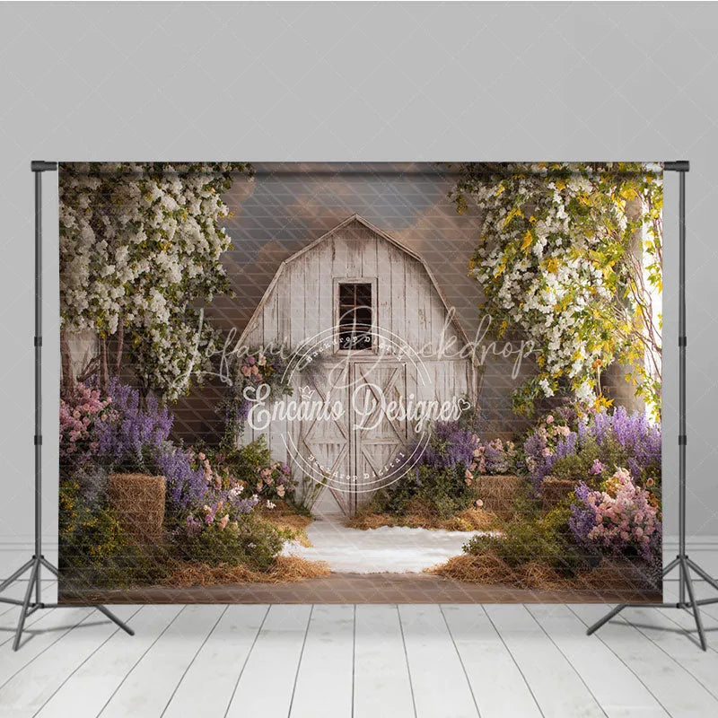 Lofaris Rustic White Barn Photography Backdrop with Flowering Trees and Purple Pink Flowers Hay Bales for Spring Portraits