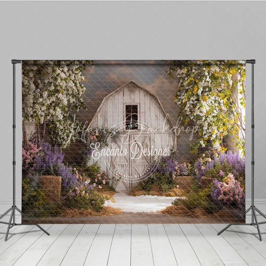 Lofaris Rustic White Barn Photography Backdrop with Flowering Trees and Purple Pink Flowers Hay Bales for Spring Portraits