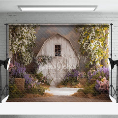 Lofaris Rustic White Barn Photography Backdrop with Flowering Trees and Purple Pink Flowers Hay Bales for Spring Portraits