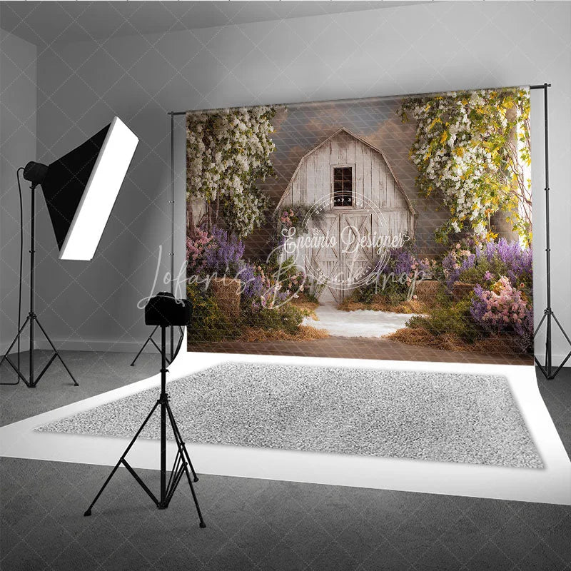 Lofaris Rustic White Barn Photography Backdrop with Flowering Trees and Purple Pink Flowers Hay Bales for Spring Portraits