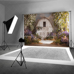 Lofaris Rustic White Barn Photography Backdrop with Flowering Trees and Purple Pink Flowers Hay Bales for Spring Portraits