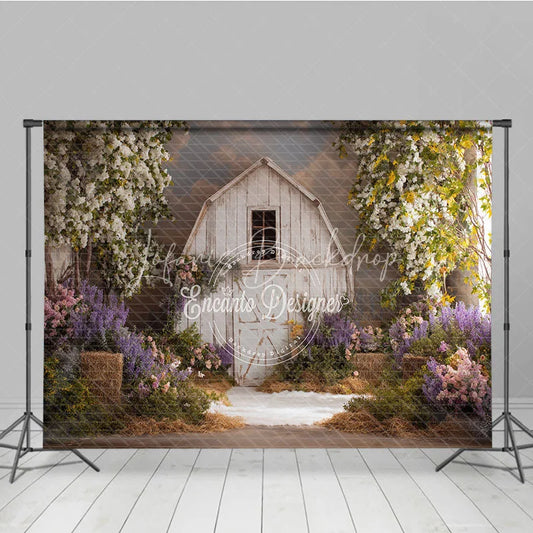 Lofaris Rustic White Barn Photography Backdrop with Flowering Trees Lush Purple and Pink Spring Flowers Greenery