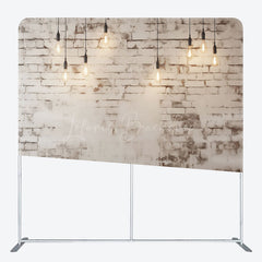 Lofaris Rustic White Brick Wall Tension Fabric Backdrop Loft with Edison Bulbs and Wood Floor Photography Studio Prop