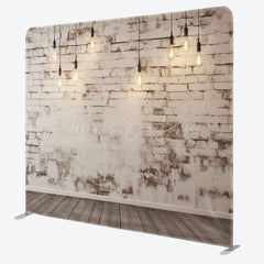 Lofaris Rustic White Brick Wall Tension Fabric Backdrop Loft with Edison Bulbs and Wood Floor Photography Studio Prop