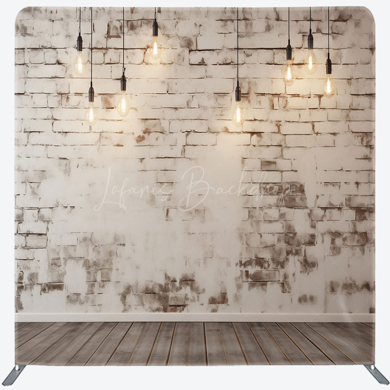 Lofaris Rustic White Brick Wall Tension Fabric Backdrop Loft with Edison Bulbs and Wood Floor Photography Studio Prop