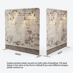 Lofaris Rustic White Brick Wall Tension Fabric Backdrop Loft with Edison Bulbs and Wood Floor Photography Studio Prop