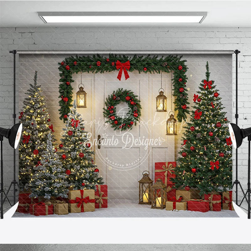 Lofaris Rustic White Door Christmas Photography Backdrop Red and Green Garland with Lanterns Holiday Photo Background