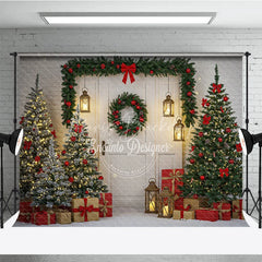 Lofaris Rustic White Door Christmas Photography Backdrop Red and Green Garland with Lanterns Holiday Photo Background