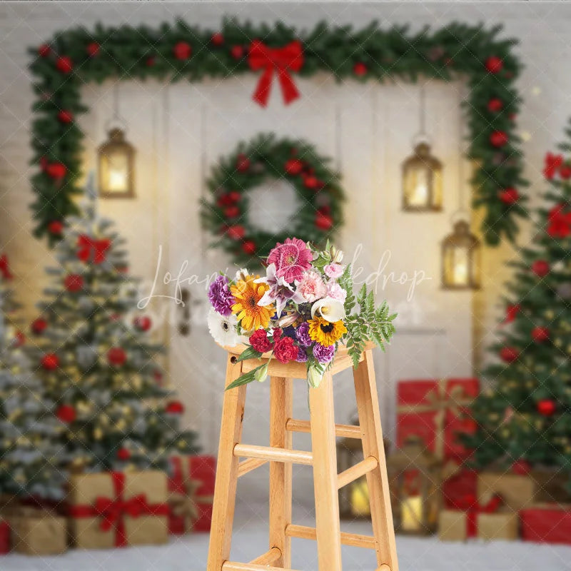 Lofaris Rustic White Door Christmas Photography Backdrop Red and Green Garland with Lanterns Holiday Photo Background