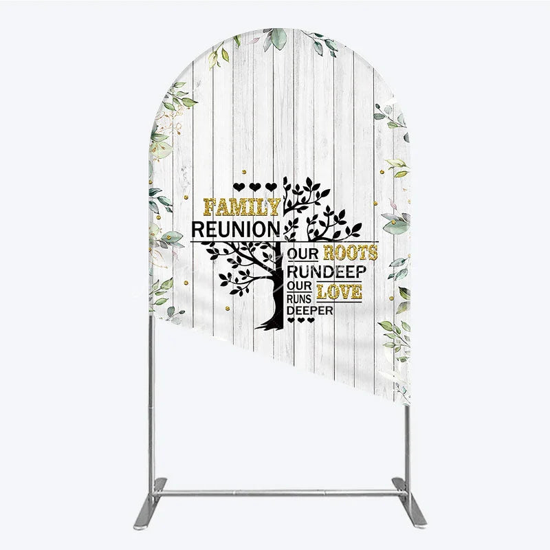 Lofaris Rustic White Wood Family Reunion Arch Backdrop Greenery and Gold Glitter Tree Decor for Special Occasion Party