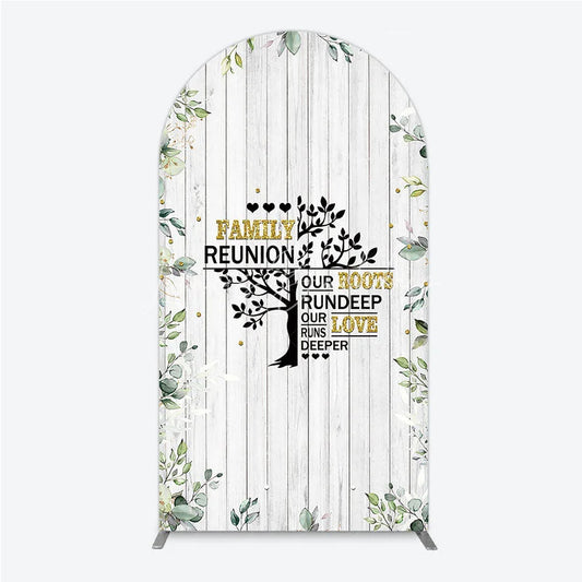 Lofaris Rustic White Wood Family Reunion Arch Backdrop Greenery and Gold Glitter Tree Decor for Special Occasion Party