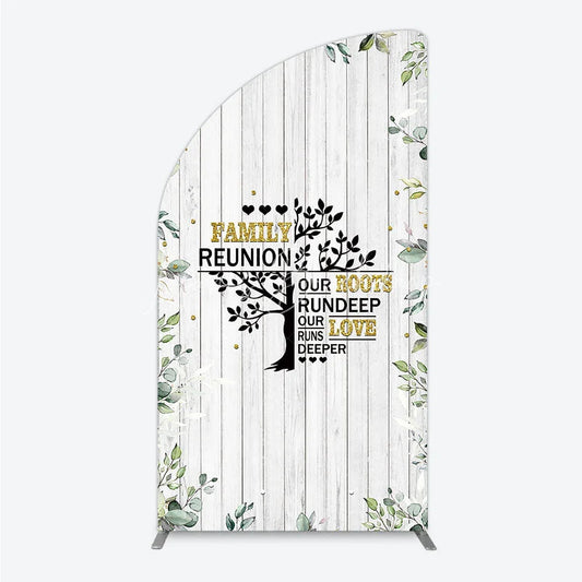 Lofaris Rustic White Wood Family Reunion Half Moon Arch Backdrop Greenery and Gold Glitter Tree Decor for Special Occasion Party