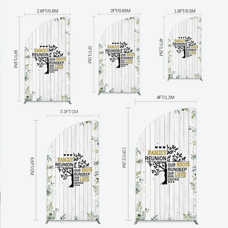Lofaris Rustic White Wood Family Reunion Half Moon Arch Backdrop Greenery and Gold Glitter Tree Decor for Special Occasion Party