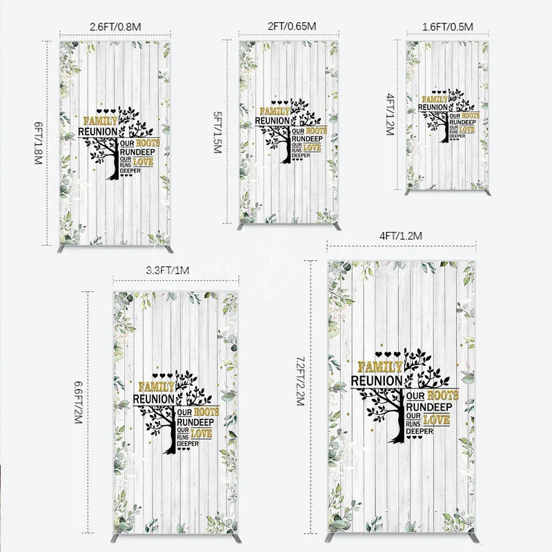 Lofaris Rustic White Wood Family Reunion Rectangle Backdrop Greenery and Gold Glitter Tree Decor for Special Occasion Party