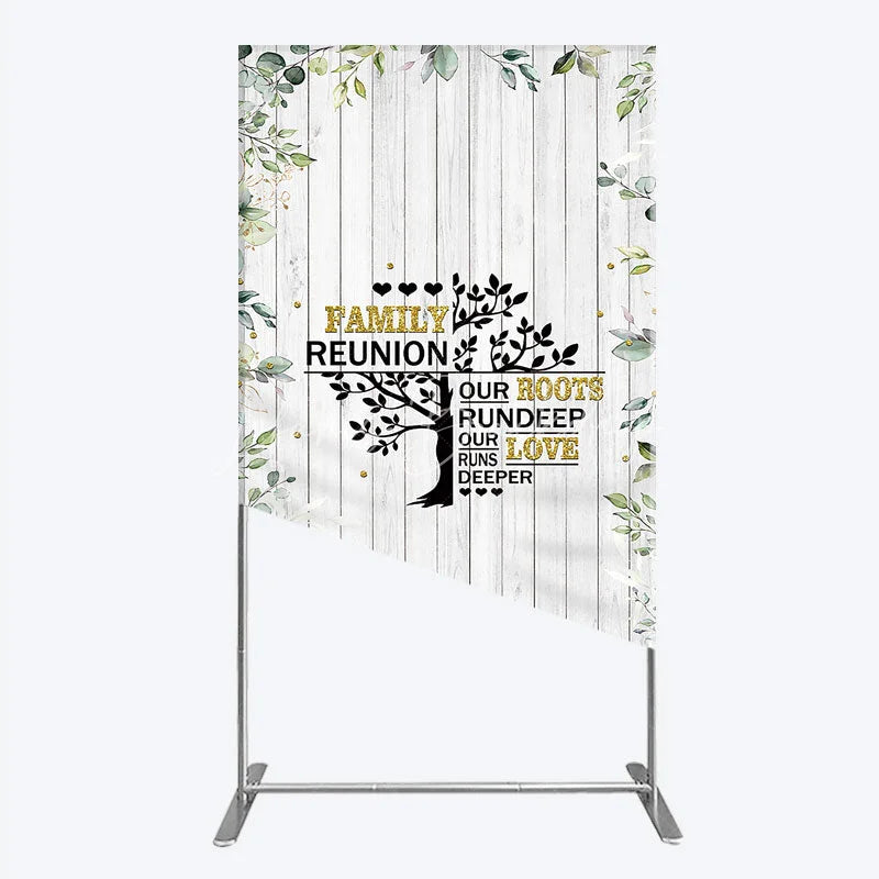 Lofaris Rustic White Wood Family Reunion Rectangle Backdrop Greenery and Gold Glitter Tree Decor for Special Occasion Party