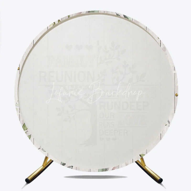 Lofaris Rustic White Wood Family Reunion Round Backdrop Green Eucalyptus and Gold Glitter Tree Quote Decor