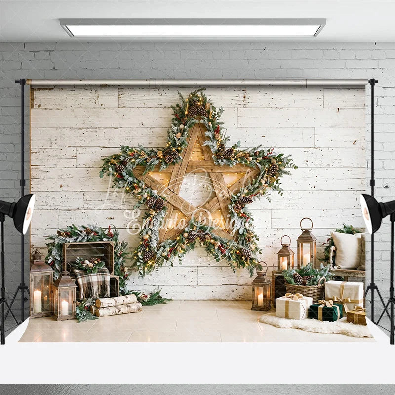 Lofaris Rustic White Wood Wall Holiday Backdrop with a Large Wooden Star Frosted Garland and Cozy Christmas Decor