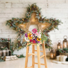 Lofaris Rustic White Wood Wall Holiday Backdrop with a Large Wooden Star Frosted Garland and Cozy Christmas Decor