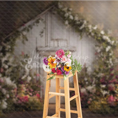 Lofaris Rustic White Wooden Door Photography Backdrop Lush Floral Vines and a Dreamy Spring Garden Scene