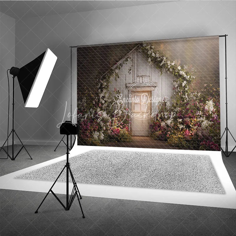 Lofaris Rustic White Wooden Door Photography Backdrop Lush Floral Vines and a Dreamy Spring Garden Scene