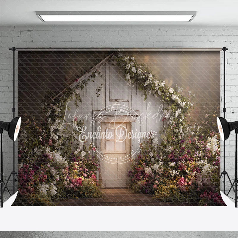 Lofaris Rustic White Wooden Door Photography Backdrop Lush Floral Vines and a Dreamy Spring Garden Scene