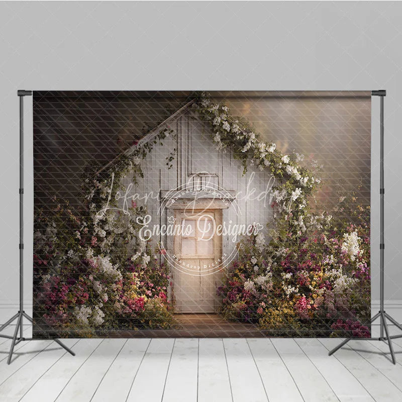 Lofaris Rustic White Wooden Door Photography Backdrop Lush Floral Vines and a Dreamy Spring Garden Scene