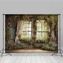 Lofaris Rustic Window Photography Backdrop with Lush Greenery and Blooming Flowers Enchanted Garden Spring Scene