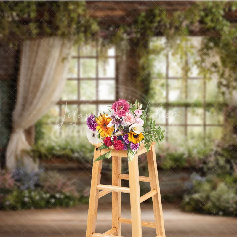 Lofaris Rustic Window Photography Backdrop with Lush Greenery and Blooming Flowers Enchanted Garden Spring Scene