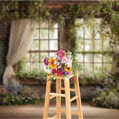Lofaris Rustic Window Photography Backdrop with Lush Greenery and Blooming Flowers Enchanted Garden Spring Scene