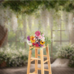Lofaris Rustic Window Photography Backdrop with White Wisteria Spring Greenery Farmhouse Wedding Photo Background