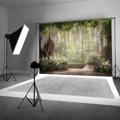 Lofaris Rustic Window Photography Backdrop with White Wisteria Spring Greenery Farmhouse Wedding Photo Background