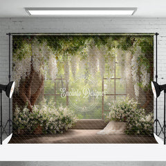 Lofaris Rustic Window Photography Backdrop with White Wisteria Spring Greenery Farmhouse Wedding Photo Background