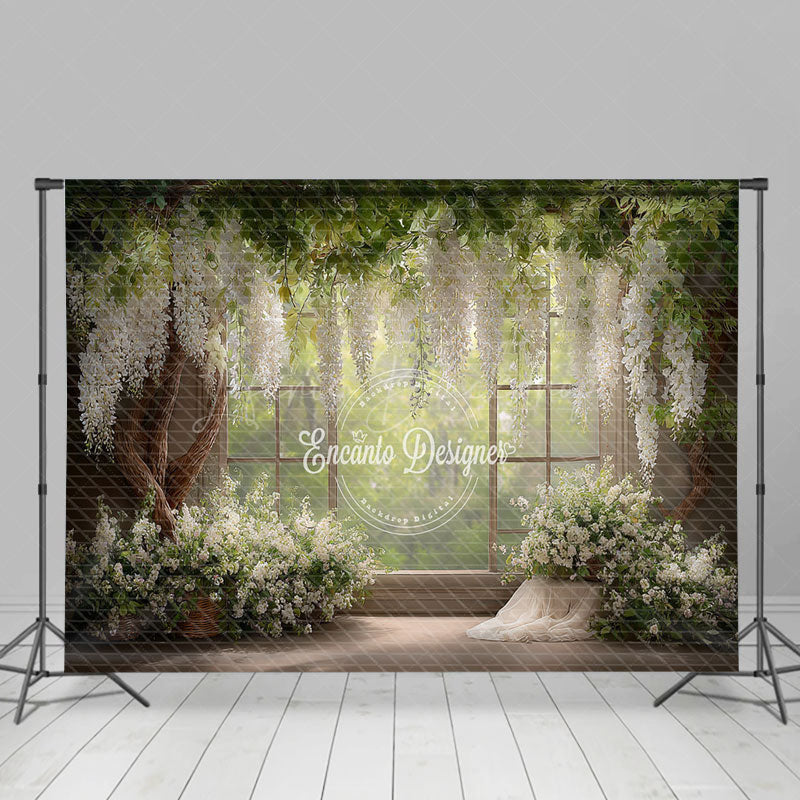 Lofaris Rustic Window Photography Backdrop with White Wisteria Spring Greenery Farmhouse Wedding Photo Background