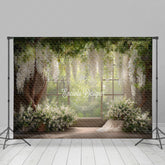 Lofaris Rustic Window Photography Backdrop with White Wisteria Spring Greenery Farmhouse Wedding Photo Background