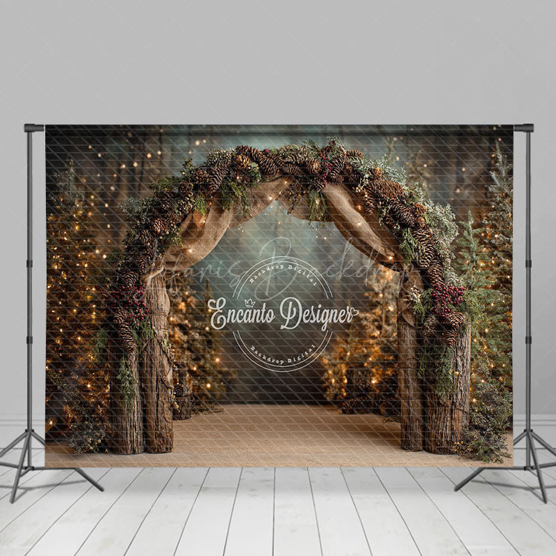 Lofaris Rustic Winter Arch Photography Backdrop with Pinecones Forest String Lights Christmas Wedding Background