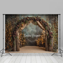 Lofaris Rustic Winter Arch Photography Backdrop with Pinecones Forest String Lights Christmas Wedding Background