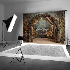 Lofaris Rustic Winter Arch Photography Backdrop with Pinecones Forest String Lights Christmas Wedding Background
