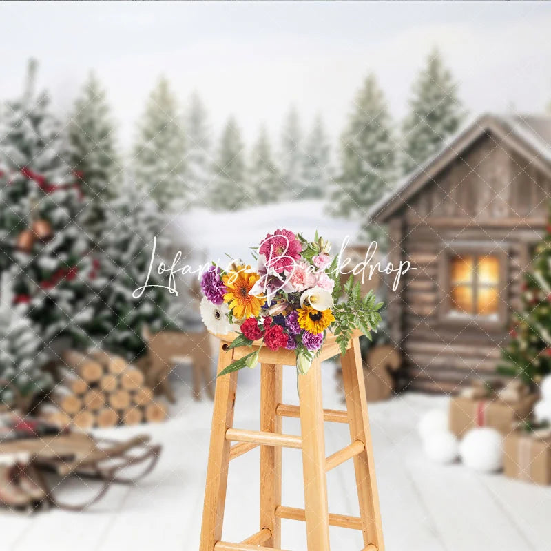 Lofaris Rustic Winter Cabin and Christmas Tree Holiday Backdrop Snowy Forest with Sled Deer Celebration Decor