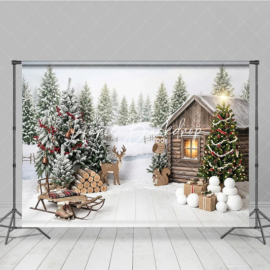 Lofaris Rustic Winter Cabin and Christmas Tree Holiday Backdrop Snowy Forest with Sled Deer Celebration Decor