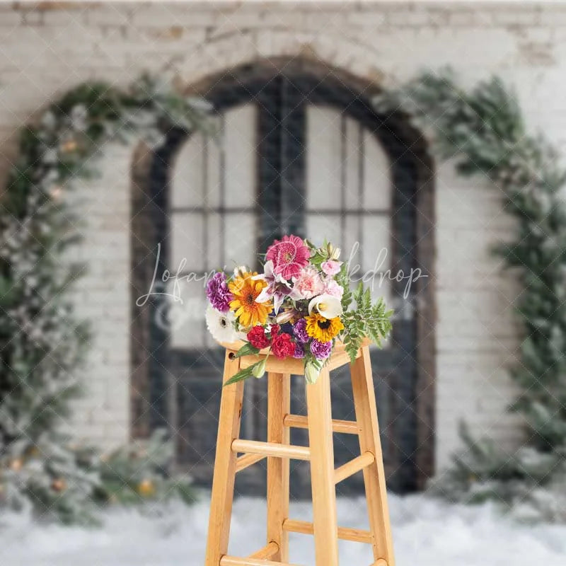 Lofaris Rustic Winter Door Backdrop Black Arched Entryway Snowy Pine Garland White Brick Wall Photo Background