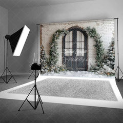 Lofaris Rustic Winter Door Backdrop Black Arched Entryway Snowy Pine Garland White Brick Wall Photo Background