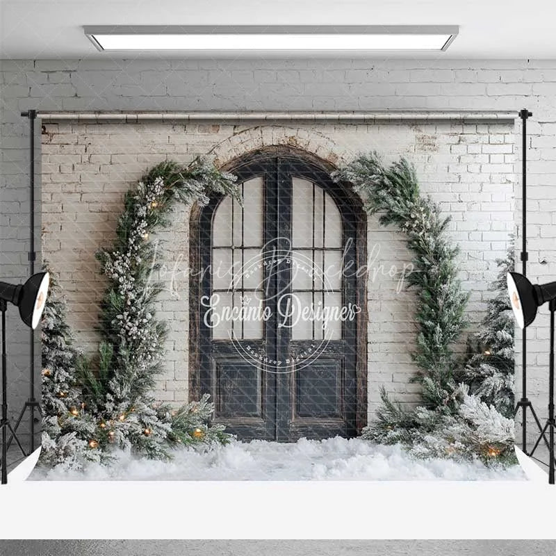 Lofaris Rustic Winter Door Backdrop Black Arched Entryway Snowy Pine Garland White Brick Wall Photo Background