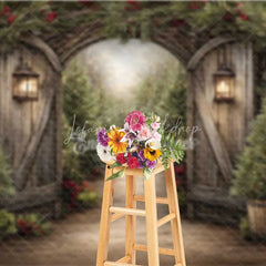 Lofaris Rustic Winter Garden Gate Backdrop Snowy Pine Tree Path Photography Background