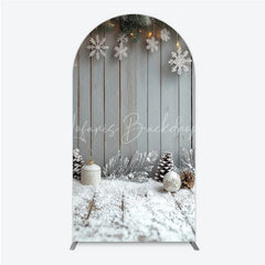 Lofaris Rustic Winter Holiday Arch Backdrop Snowy Wood Background with Flocked Pinecones Farmhouse Christmas Decor