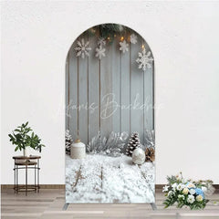Lofaris Rustic Winter Holiday Arch Backdrop Snowy Wood Background with Flocked Pinecones Farmhouse Christmas Decor