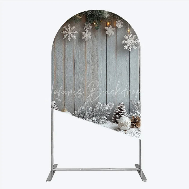 Lofaris Rustic Winter Holiday Arch Backdrop Snowy Wood Background with Flocked Pinecones Farmhouse Christmas Decor
