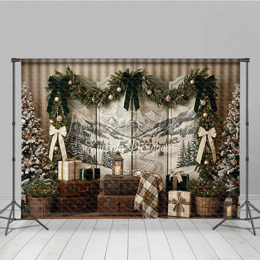 Lofaris Rustic Winter Holiday Backdrop with Snowy Mountain Landscape Flocked Christmas Trees and Elegant Garland Decor