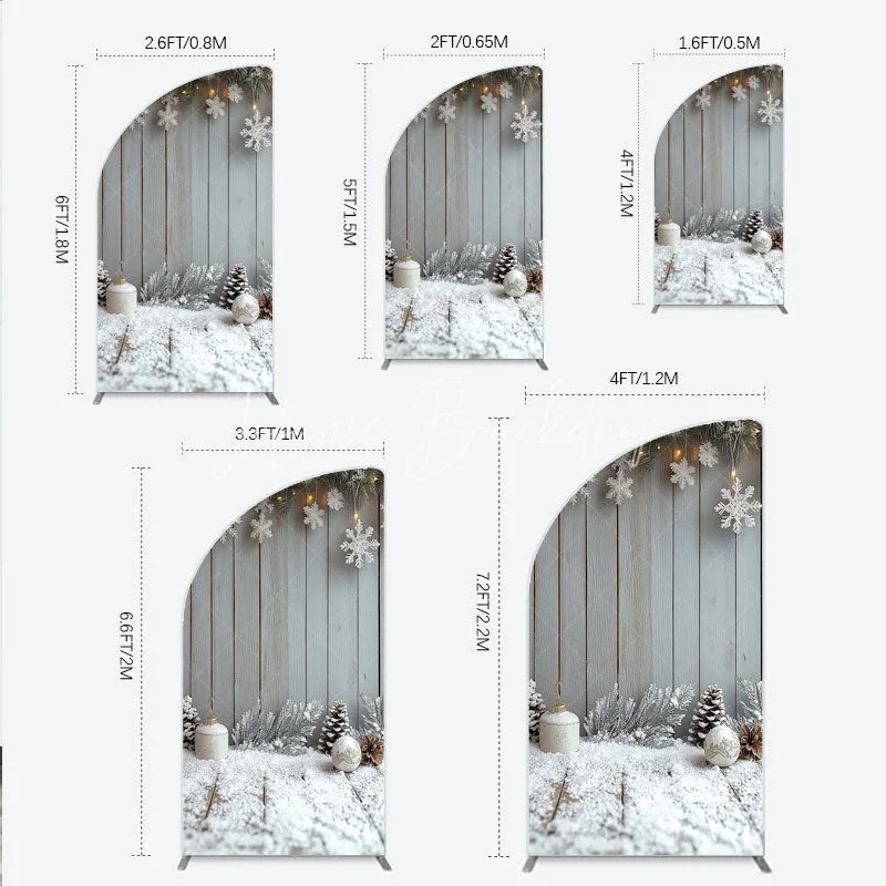 Lofaris Rustic Winter Holiday Half Moon Arch Backdrop Snowy Wood Background with Flocked Pinecones Farmhouse Christmas Decor