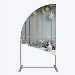 Lofaris Rustic Winter Holiday Half Moon Arch Backdrop Snowy Wood Background with Flocked Pinecones Farmhouse Christmas Decor