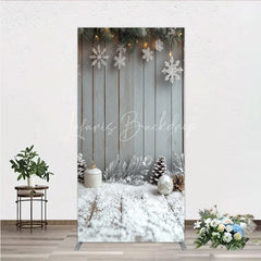 Lofaris Rustic Winter Holiday Rectangle Backdrop Snowy Wood Background with Flocked Pinecones Farmhouse Christmas Decor